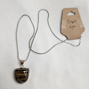 925 Sterling Silver Plated Tiger's Eye Necklace Pendant Natural Stone NWOT
